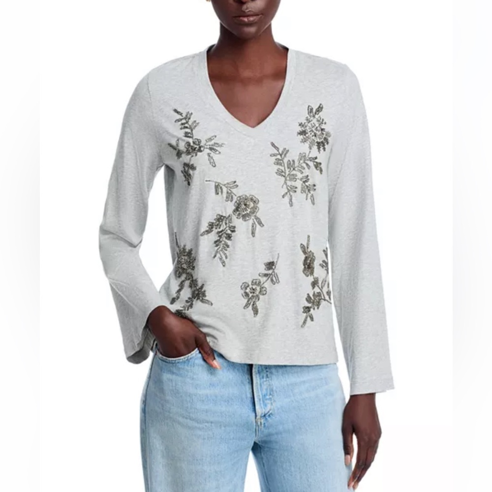 Johnny Was Femke Beaded Kimono Sleeve Tee Heather Grey Size Small NWT